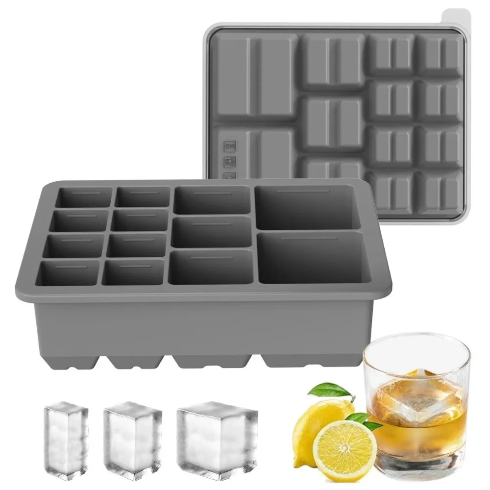 New Silicone Ice Cube Mold Leak Proof Lid 13 Grid Ice Making Mold Square Shape Multi-size Ice Storage Boxes Kitchen Use