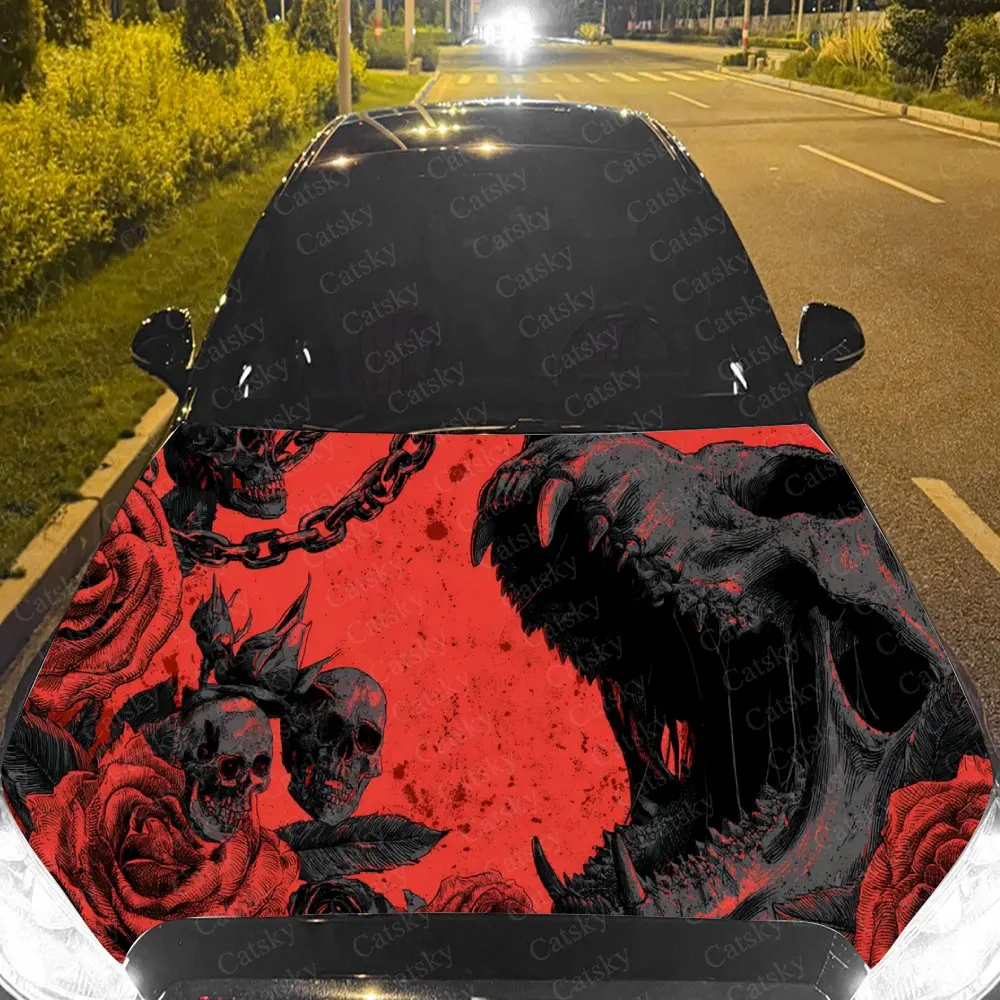 

Magical Red Skull Rose Car Cover Decal, Auto Hood Sticker, Waterproof and Self-adhesive Auto Vinyl Wraps, Cool Car Exterior Deco