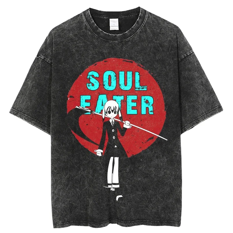 Punk Hip Hop Oversize Washed T-Shirt Men Streetwear Anime Soul Eate Graphic T Shirt 2024 Summer Short Sleeve Tshirt Harajuku