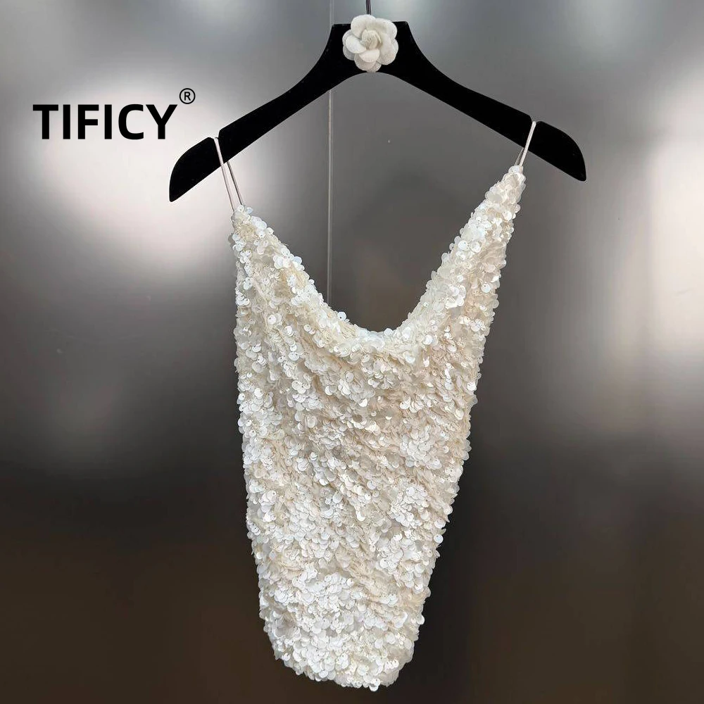 High Street Camis Women's Spring/Summer New French Retro Style Swinging Collar Folded Waist Glitter Design Feel Strap Tank Top