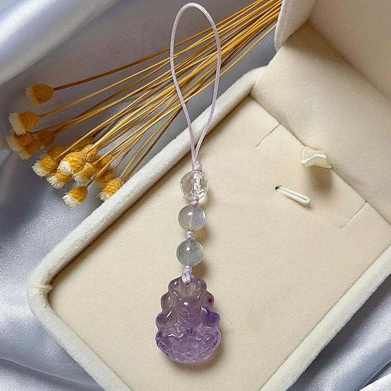 Ninetail Fox Amethyst Pendant / Fox Crystal Phone Charm /Handmade Beaded Strap for Girls | Gift for Her