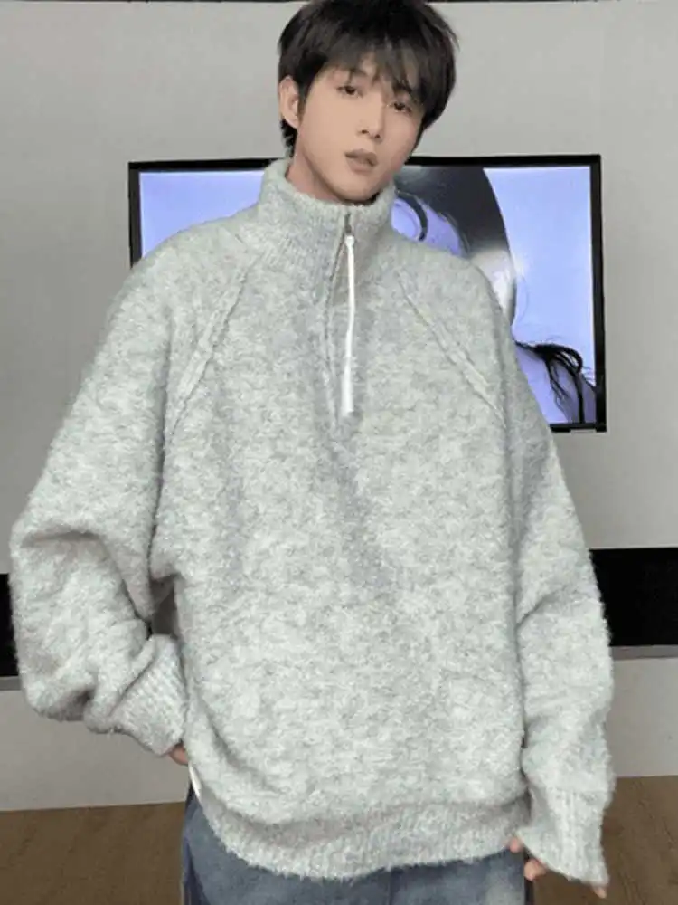 

ay Zipper Knitted Sweater Men's Open Cardigan Winter Woolen High-End Feeling Lazy Sle Stand Collar Long Sve Casual Wear