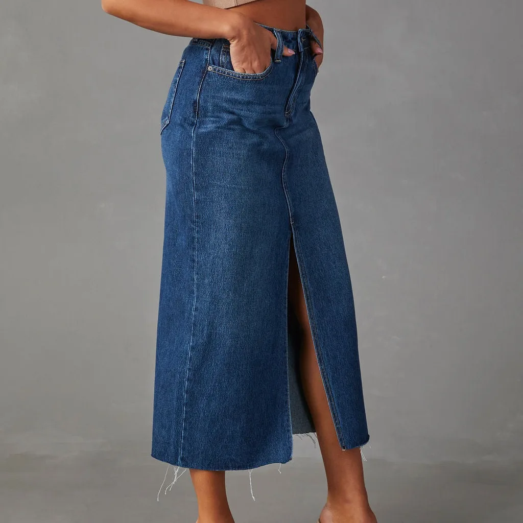 Women High Waist Denim Midi Skirt Front Slit Raw Hem Frayed Jean Skirt Casual Straight Long Skirt For Ladies Streetwear Vestidos