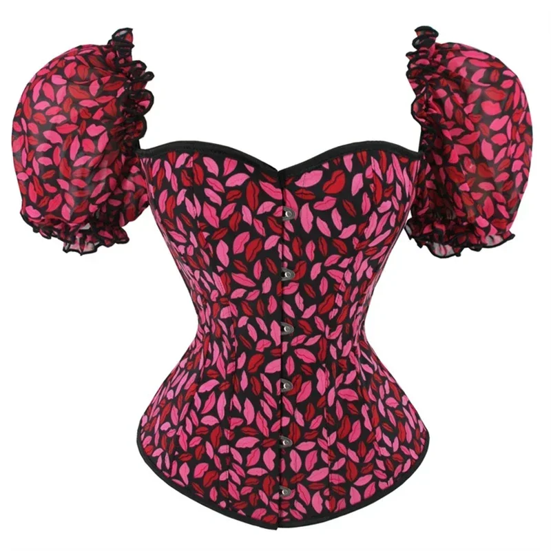 

Women Sexy Red Lip Print Puff Short Sleeve Overbust Corset Lingerie Body Shaper Lace-up Bustier Top