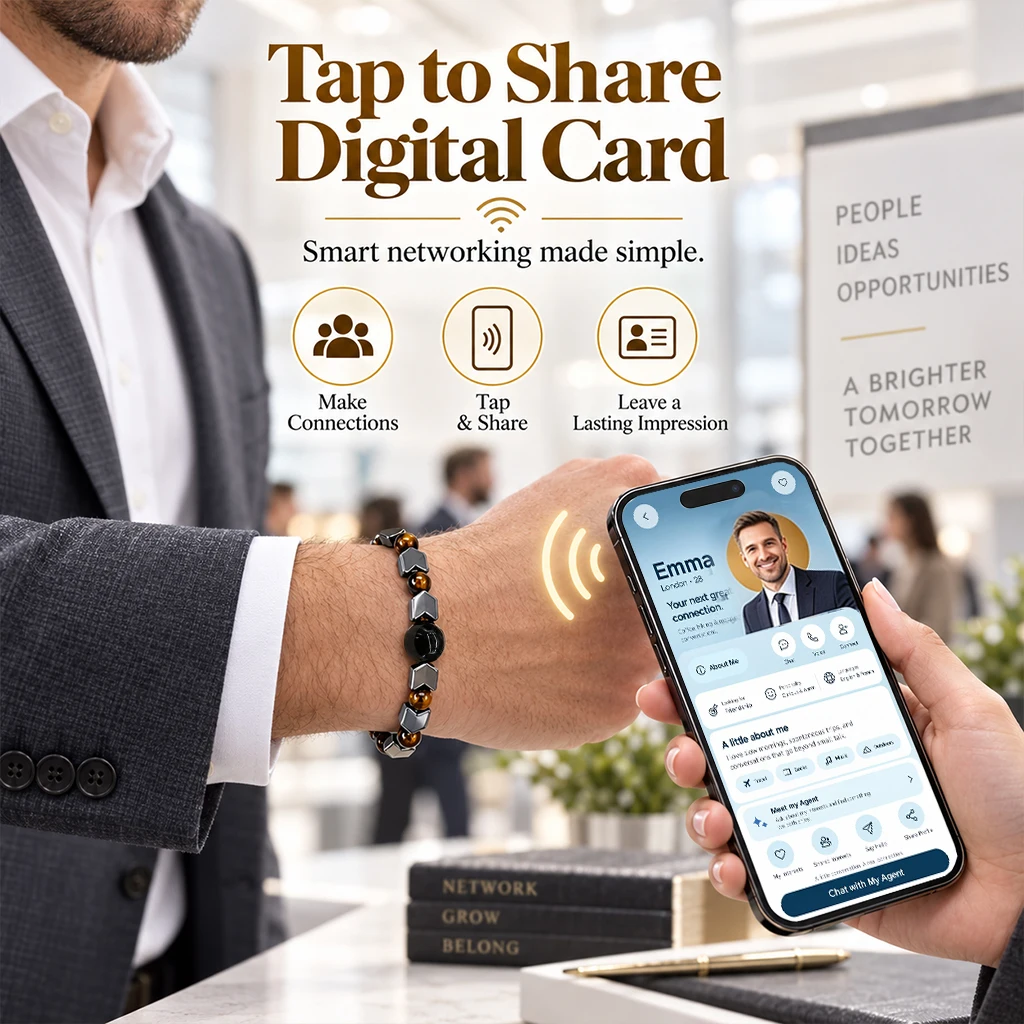 NFC Crystal Beaded Bracelet Smart Jewelry with Built-in Digital Business Card H5 Program Tap to Share Contact & Social Profile