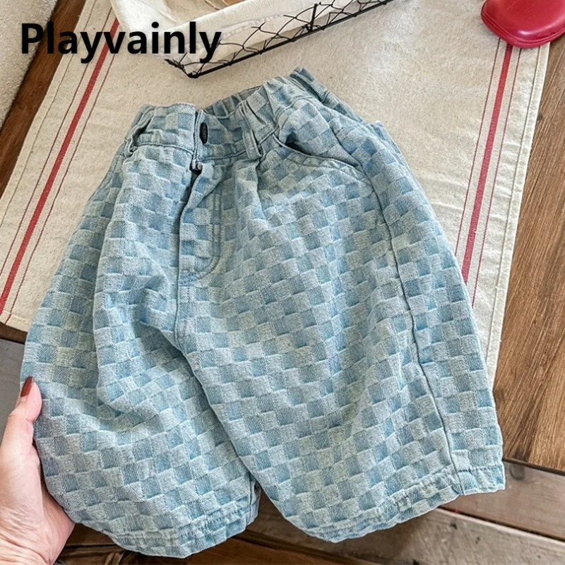 1 - 7 Years Olds' Child Korean Style Checked Sevencut Pants Blue Black Elastic Waist Short  Trousers Fashion Kids Shorts A123066