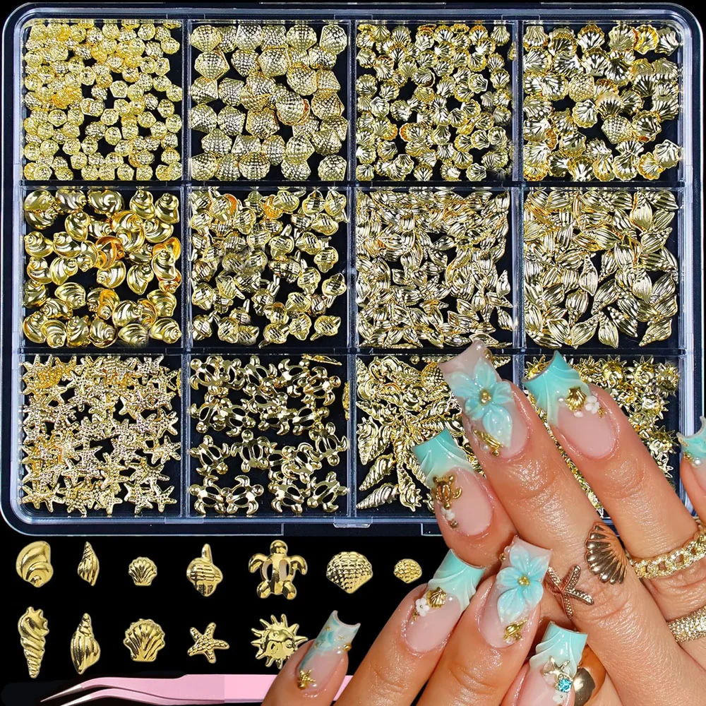 1Box Luxury Gold Nail Charms with Tweezers 3D Metal Shell Starfish Turtle Nail Decors Summer Beach Party Manicure Accessories *&