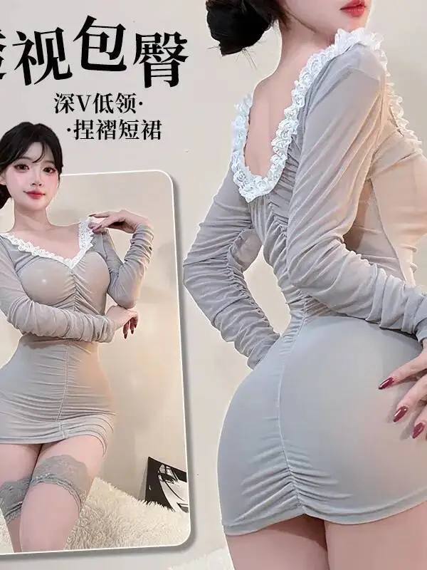 Seksowna sukienka bodycon z głębokim dekoltem w serek, przezroczystym wykończeniem z koronki, jednolita, z dekoltem w serek, długim rękawem, kopertowym krojem, podkreślająca biodra, transparentna, mini sukienka w stylu czystej pokusy QSTZ