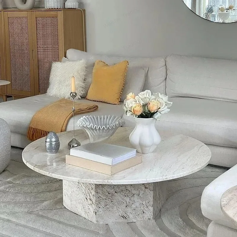 Cream Travertine Coffee Table, Trendy & French Style Round Table, Heat & Scratch Resistant, Natural Veining.