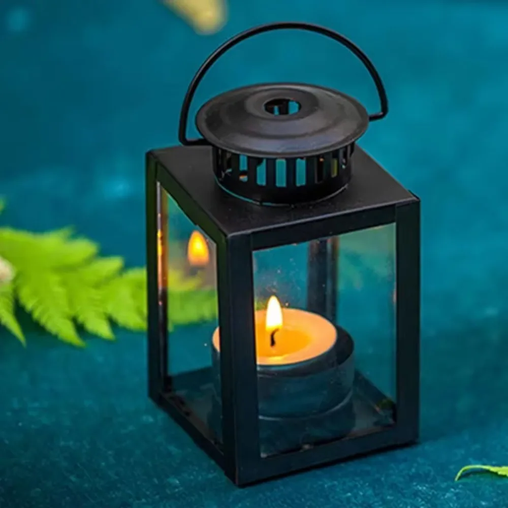 European Style Wind-proof Iron Wind Lamp Black Wrought Iron Lantern Candle Stand Handheld Outdoor Tea Light Wedding