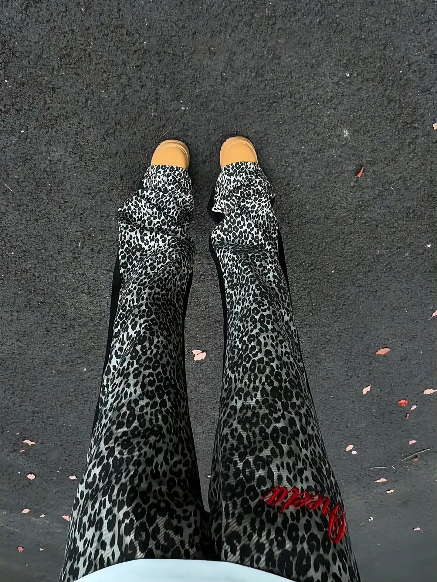 American Style Patchwork Embroidery Leopard Print Men's Jeans Summer Cool Straight Leggings Lengthening Legs Micro Flared Pants