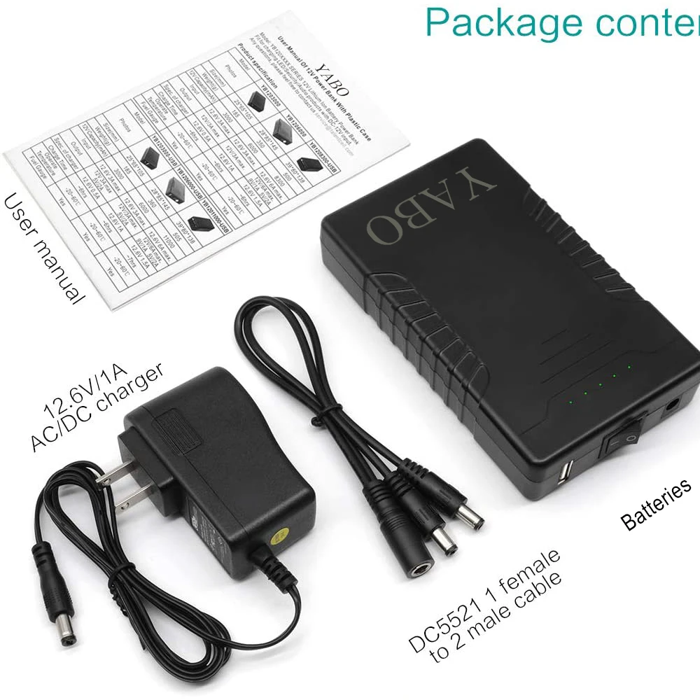 YABO Rechargeable 12V 6000mAh/5V 12000mAh DC USB Output Universal LED Light Laptop Lithium 18650 Batteries and Battery Chargers