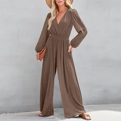 Plus Size Spring Long Sleeve Jumpsuit Casual Fashion Bodysuit Loose Pleated Wide Leg Women Summer Elegant Jumpsuit For Lady