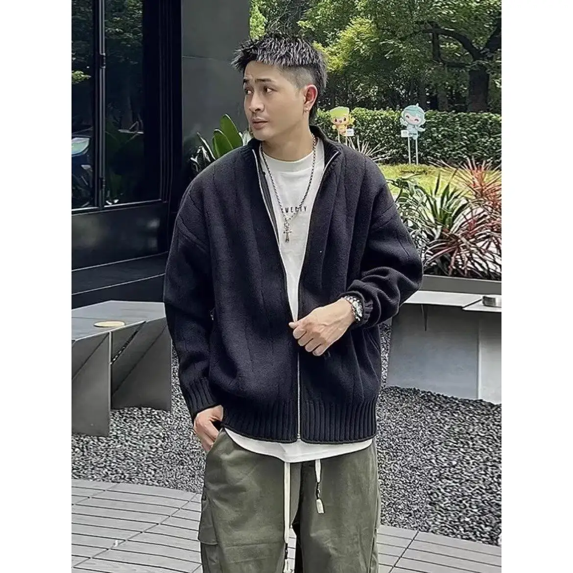 

Fall Winter V-Ne Knitted Cardigan Men's Casual Sle Color Lazy Faion Polyester Fiber Regular Fit Outerwear