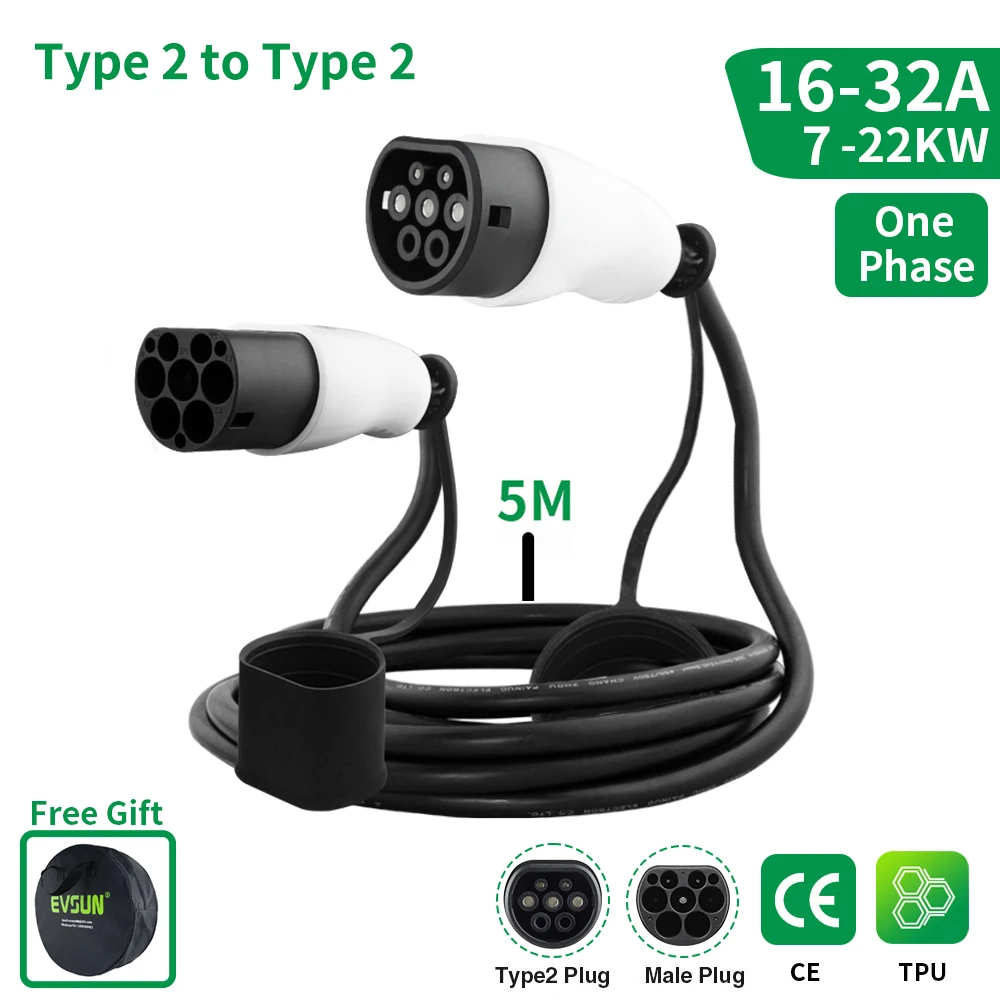

Electric Vehicle Charging Cable 16A-32A 1 Phase/3 Phase 7-22KW Type 2 EVSE Cord EV Charger Female to Male IEC 62196-2 Plug
