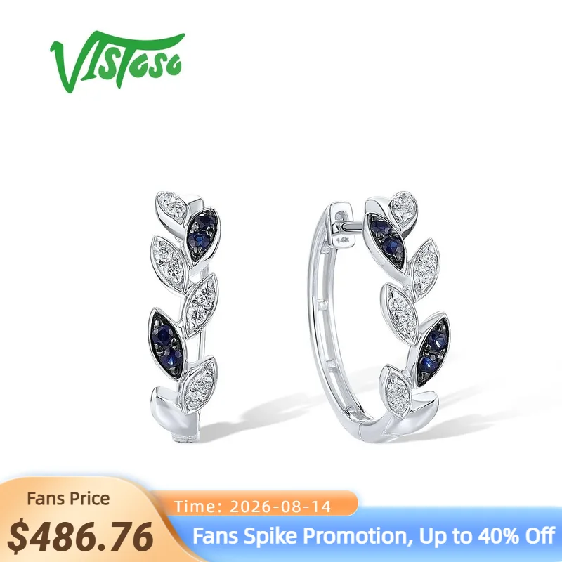 VISTOSO 14K 585 White Gold Earrings For Women Sparkling Diamonds Blue Sapphire Huggie Earrings Leaf Shaped Gifts Fine Jewelry