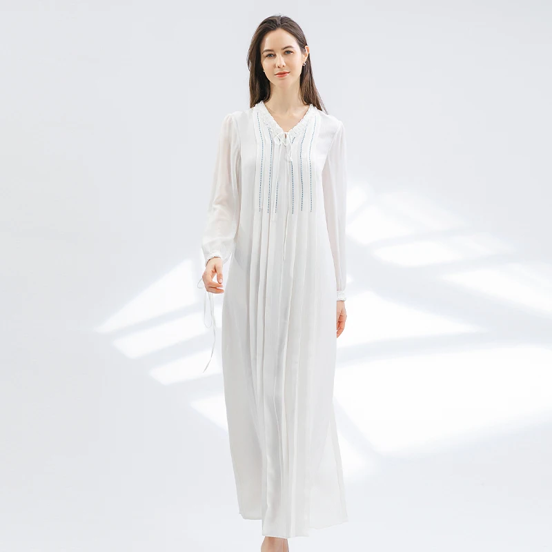 Striped Jacquard Silk Spliced Georgette Silk Puff Long Sleeves Dresses Women Elegant Fashion Milk White Large Woman Dress AY126