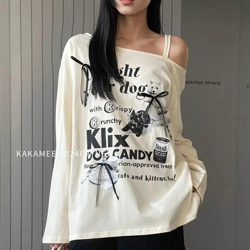 Autumn Casual Letter Printing Top Tee Women Clothes Trend Irregular Off Shoulder Loose Long Sleeve T-Shirts Female Korean Tops