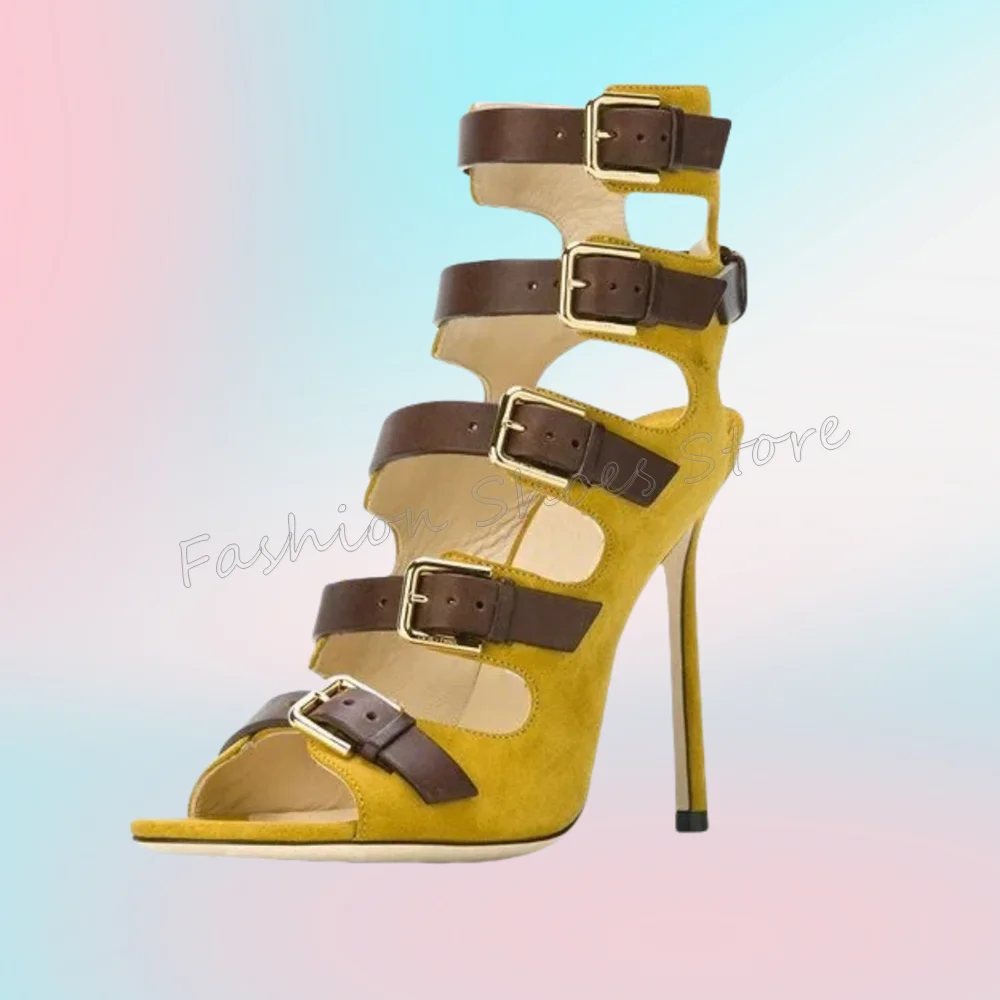

Yellow Buckle Decor Open Toe Sandals Cut Out Stilettos High Heels High Heel Shoes for Women Heels 2025 New Zapatos Para Mujere