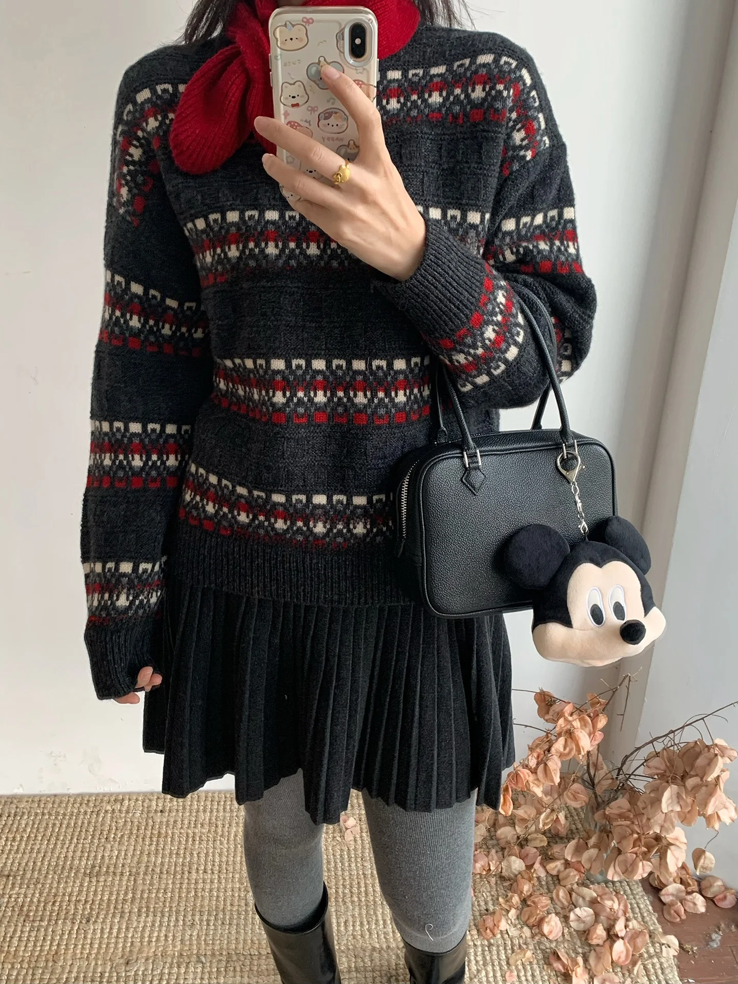 

Ретро-свитер Fair Isle с цветными блоками, свободный крой, круглый вырез, 100% шерсть, корейский стиль, толстый, зимний, женский топ