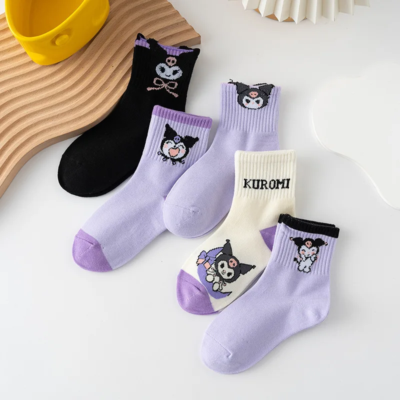 5 Pairs Sanrio Kuromi Socks Spring and Summer Thin Breathable Kuromi Childrens Girl Sock Purple Movement Mid-calf Cotton Sock