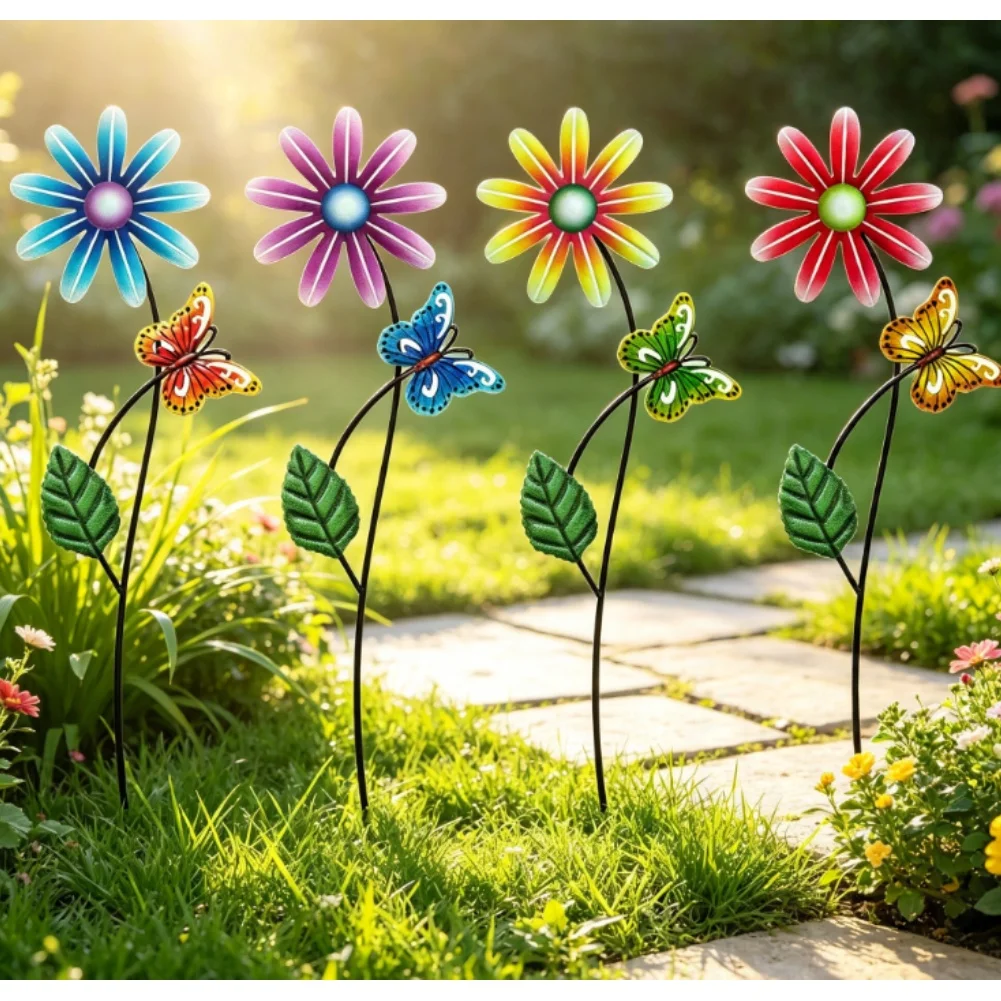 Butterfly Garden Stake Set 4 Pieces Metal Outdoor Decor for Yard Lawn Patio Rustic Themed Landscape Enhancement