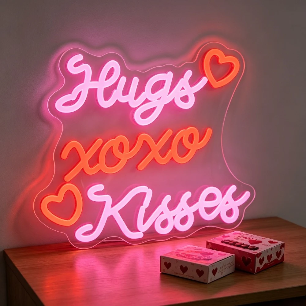 Hugs Xoxo Kisses Neon Sign LED Dimmable USB Wall Light for Valentines Day Proposal Wedding Couple Bedroom Party Wall Decor Gift
