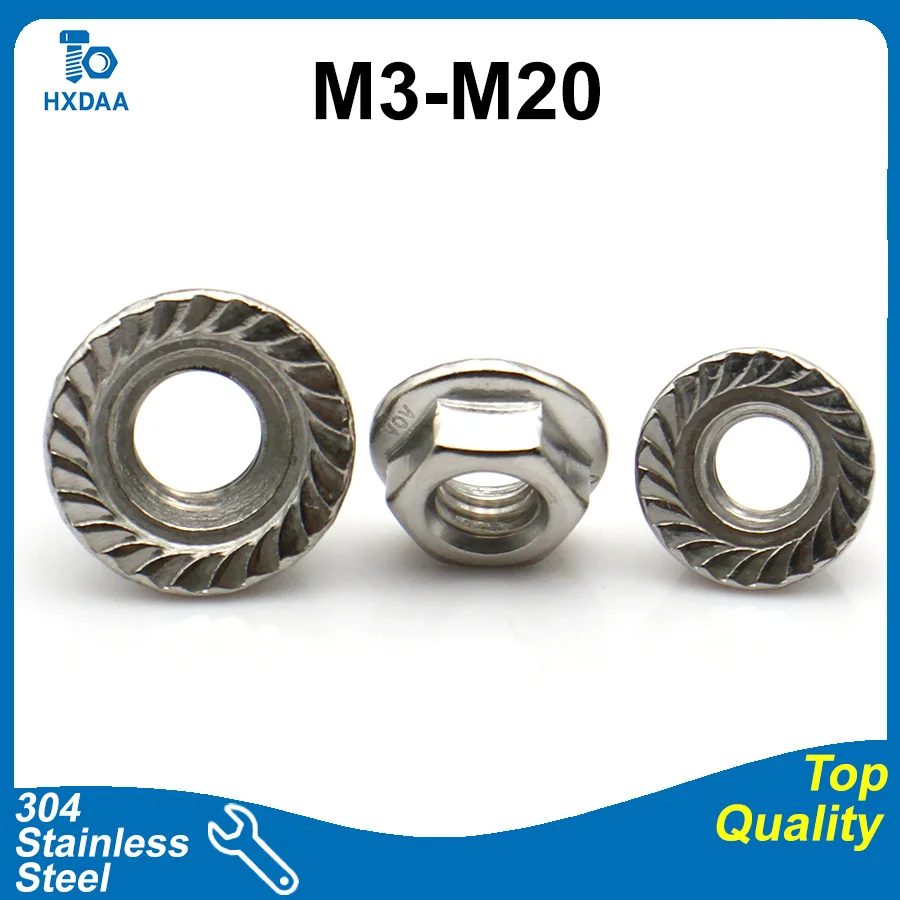 1-20pcs 304 Stainless Steel Hex Flange Nut DIN 6923 Vibration Resistant Self-Locking Nuts M3 M4 M5 M6 M8 M10 M12 M14 M16 M20