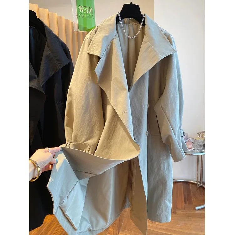 

Ele Briti Sle Women's Long Coat Spring Autumn Loose Casual Stand Collar Windbreaker Faionable Vintage Knot
