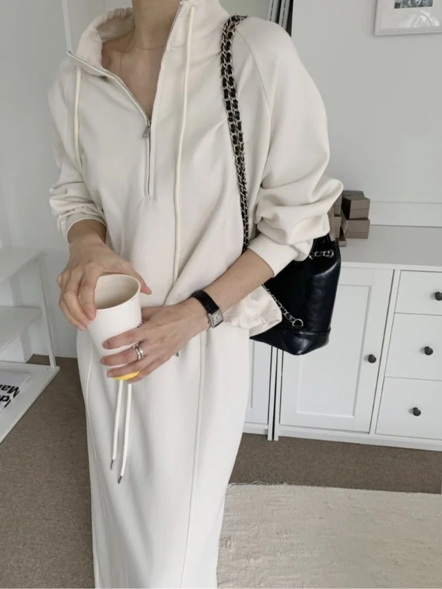 

Chic Autumnal Vintage Simple Long Sve Hoodie with Ba Split Straight Tube Skirt Set Dstring f Zipper Design