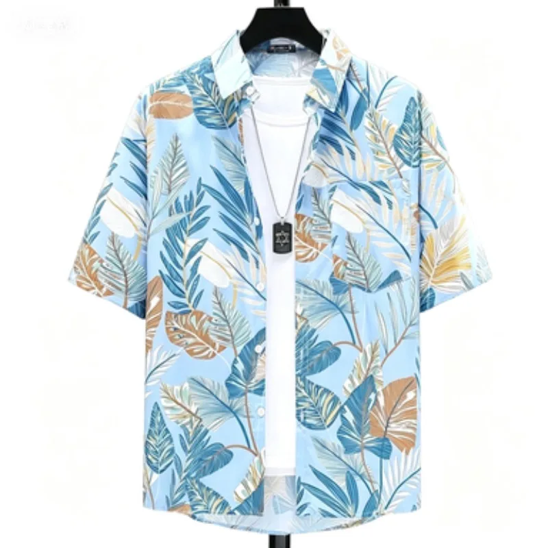 Summer Light Blue Rainforest Leaves Printed on Top Hong Kong Style Cool and Stylish Seaside Travel Short Sleeved Cardigan view 3