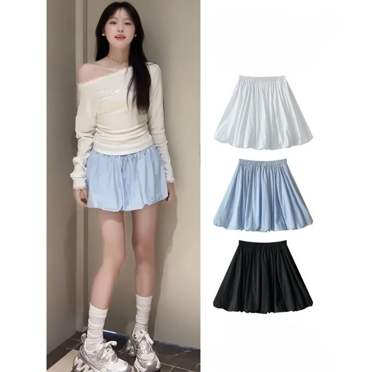 

Blue Flower Bud Skirt Pants Women's Summer New Sweet Half Skirt High Waist Slimming A-line Bubble Puffy Short Skirt