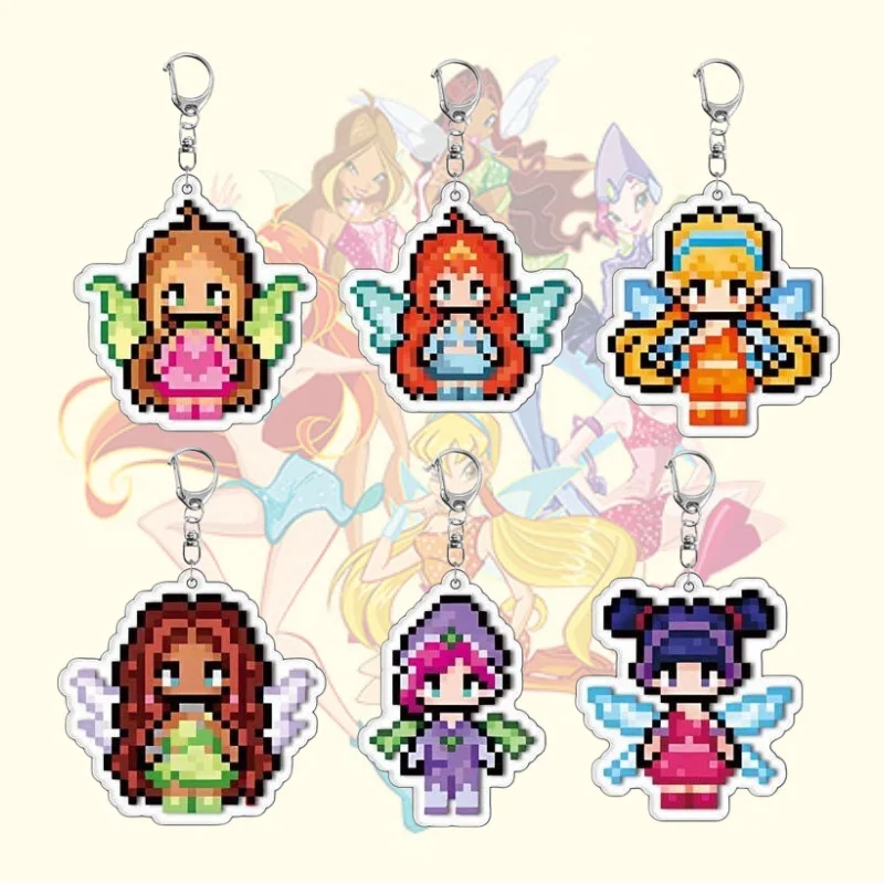 Porte-clés de 6 cm en forme de fée pixelisée de dessin animé pour accessoires de sac, Stella Musa Tecna, porte-clés de fille magique, bijoux, jouets de fées magiques