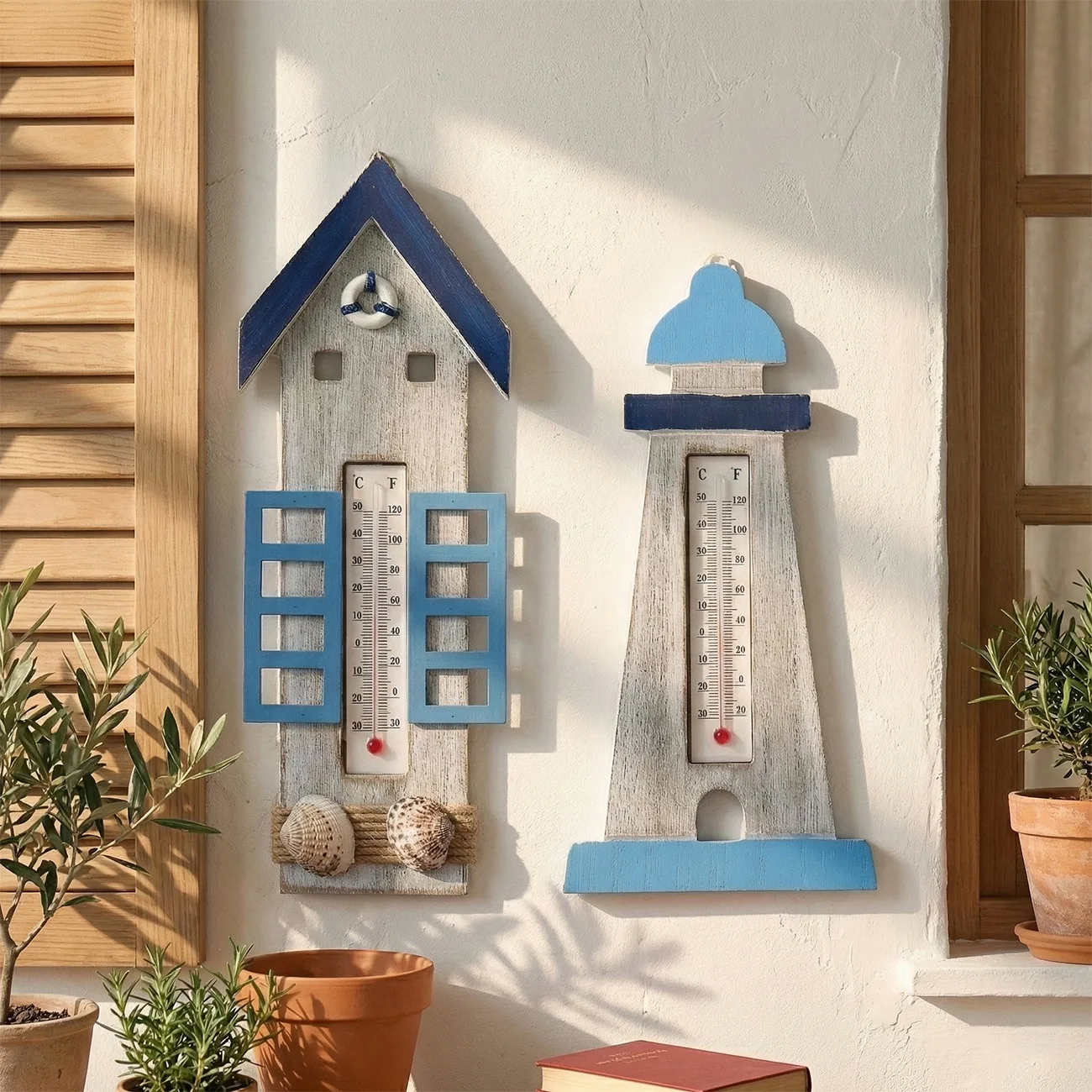Nautical Creative Wooden Fish Thermometer Wall Decoration Home Wall Entrance Ship Anchor Sailboat Hanging Decoration Ornaments