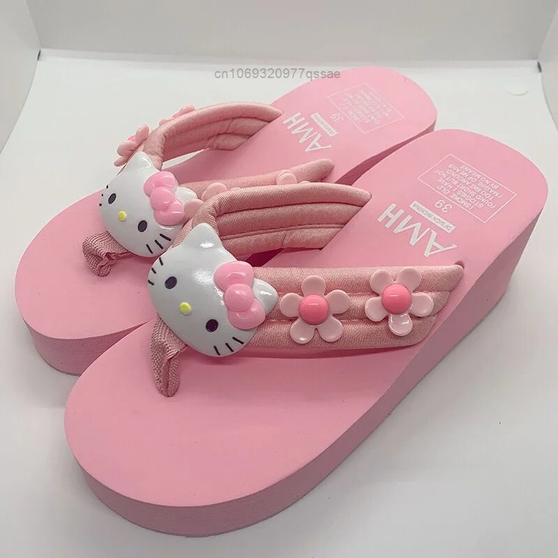 Sanrio Hello Kitty Summer Pink Wedges Flip Flops for Women Y2k Sweet Thick Bottom Anti-slip Slippers Casual Holiday Beach Shoes