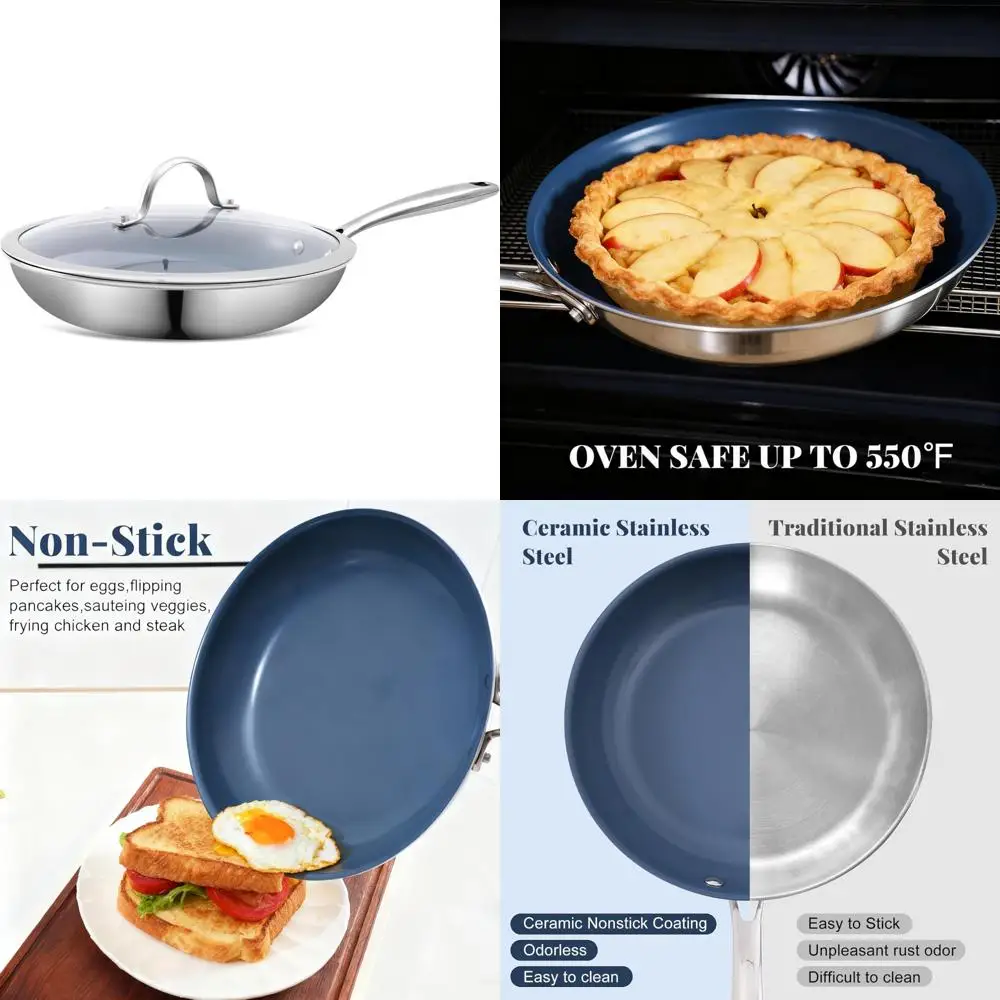 

10 Inch Non-Stick Stainless Steel Frying Pan with Ceramic Coating, Healthy Cookware for Induction and Electric Stoves, Including