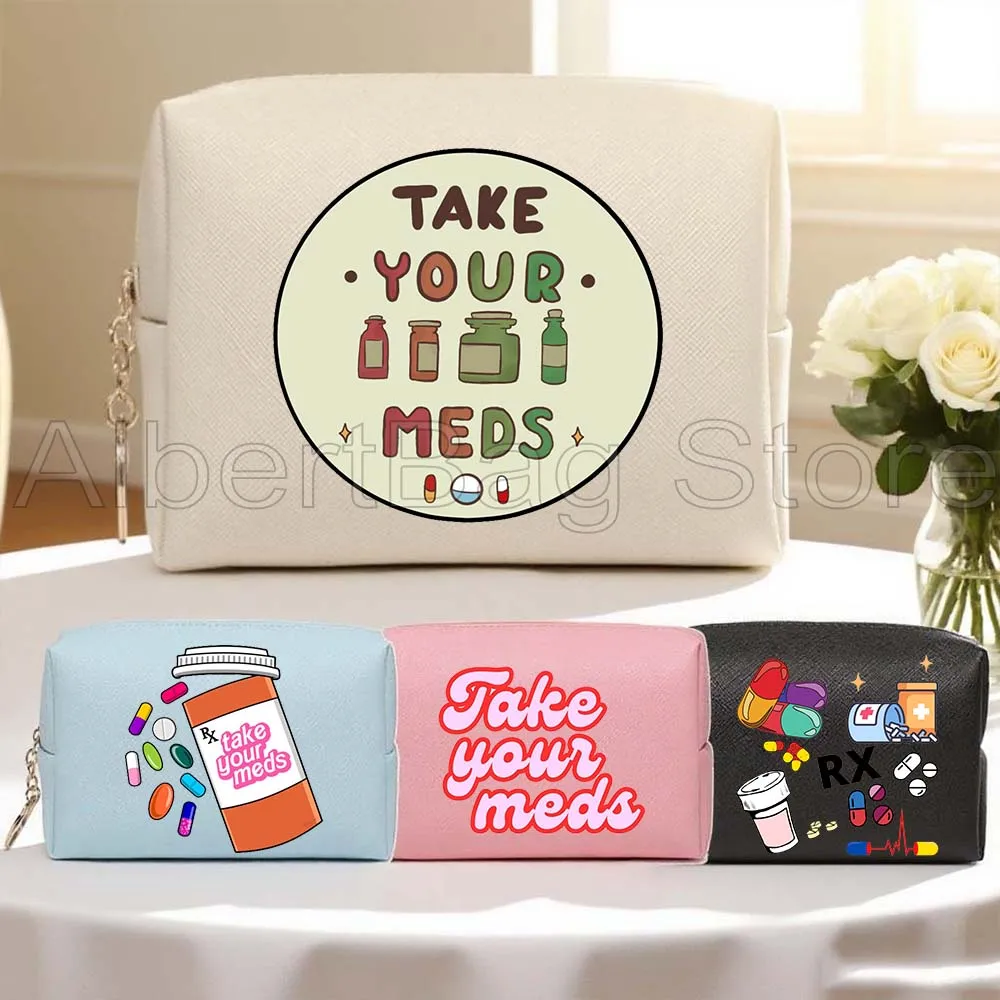 

Funny Take Your Meds Mental Health Love Yourself Therapist PU Leather Travel Cosmetic Bag Women Makeup Waterproof Storage Bag