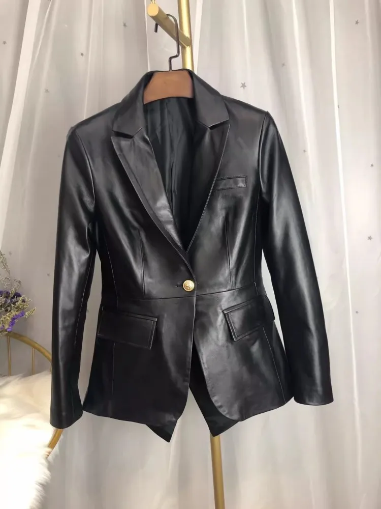 Novo designer de escritório senhoras volta oco para fora botão fino ajuste blazer terno trabalho casaco feminino natural pele carneiro jaqueta couro genuíno