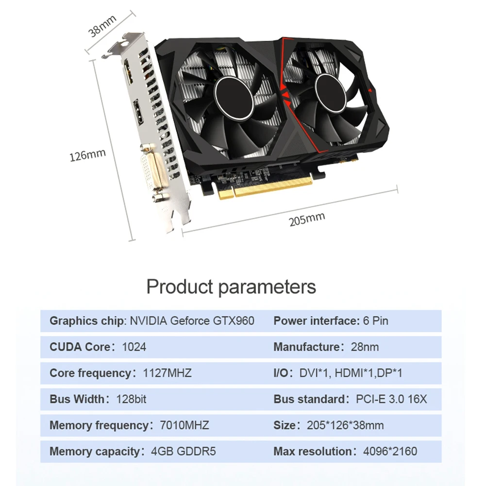 A39U GTX960 4GB GDDR5 Graphics Card 1127MHZ 7010MHZ 128Bit 28nm 6 Pin PCI-E 3.0 16X DVI&HD&DP Video Card for PC Game
