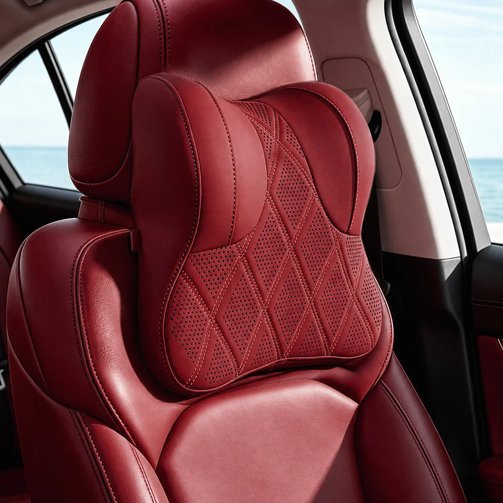 Autokopfstütze, atmungsaktives, perforiertes PU-Leder-Nackenkissen, ergonomisches, umschließendes Design zum Schutz des Nackens, weiches und bequemes Autositzkissen, geeignet für das tägliche Fahren und Reisen in Limousinen und SUVs. – Detail 6