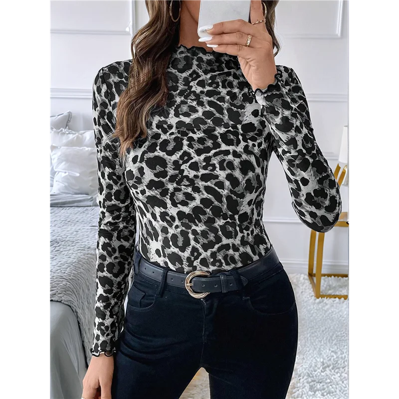 CGS-Tops de malla de manga larga para mujer, cuello simulado, camisas transparentes para salir, blusas transparentes, ropa para discoteca
