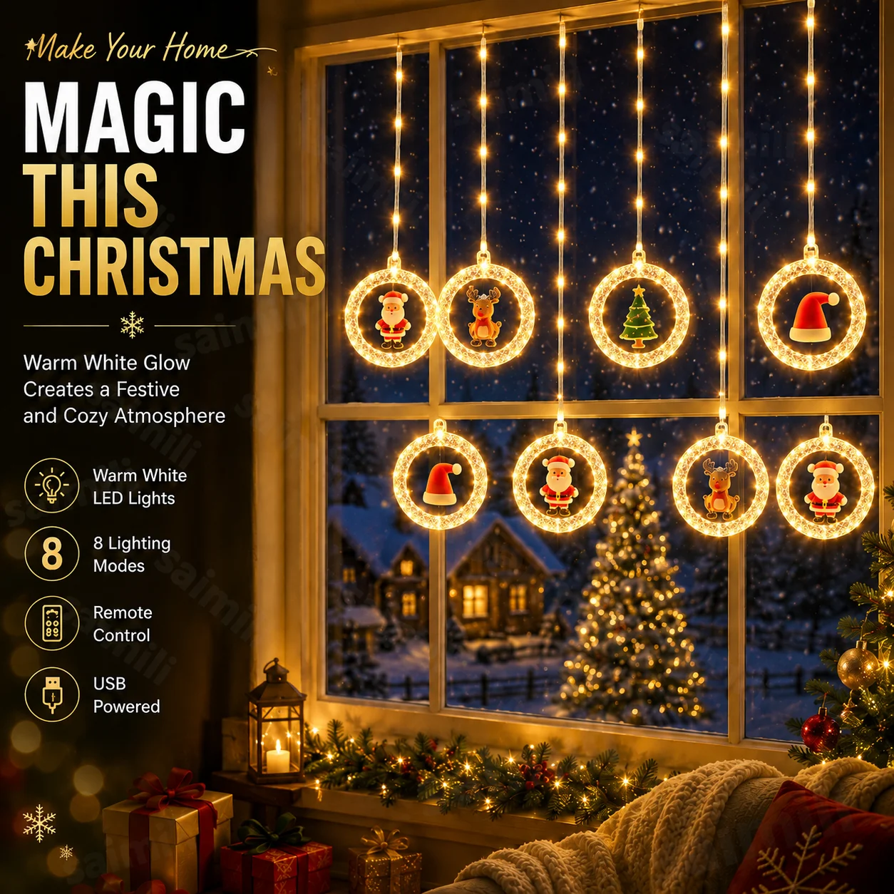 Christmas Hanging Curtain Ring Light 3.5M 10 Rings 100 LEDs USB Wireless Remote 8 Modes Memory Function For Home Gathering Decor
