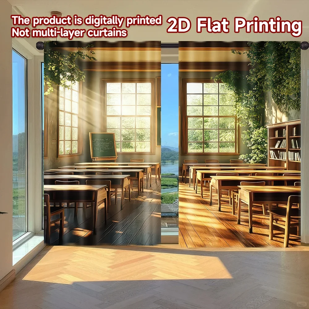 

2D flat printing 2pcs Drapes Sunlit Classroom Scene Digital Printed Polyester Drapes Festive Wall Decor Use for Holiday Party