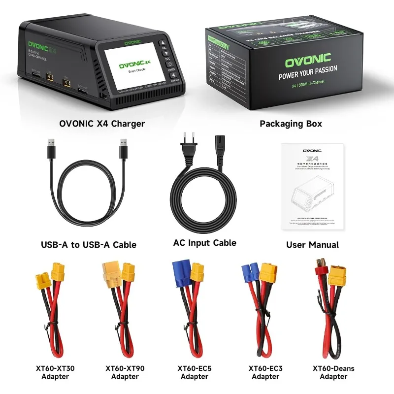 شاحن ميزان X4 LiPo AC 500W 4-قناة تخصيص الطاقة التلقائي، 15 أمبير لكل قناة، يدعم LiPo/Li-Ion/LiHV/Life 1-6S، Ni