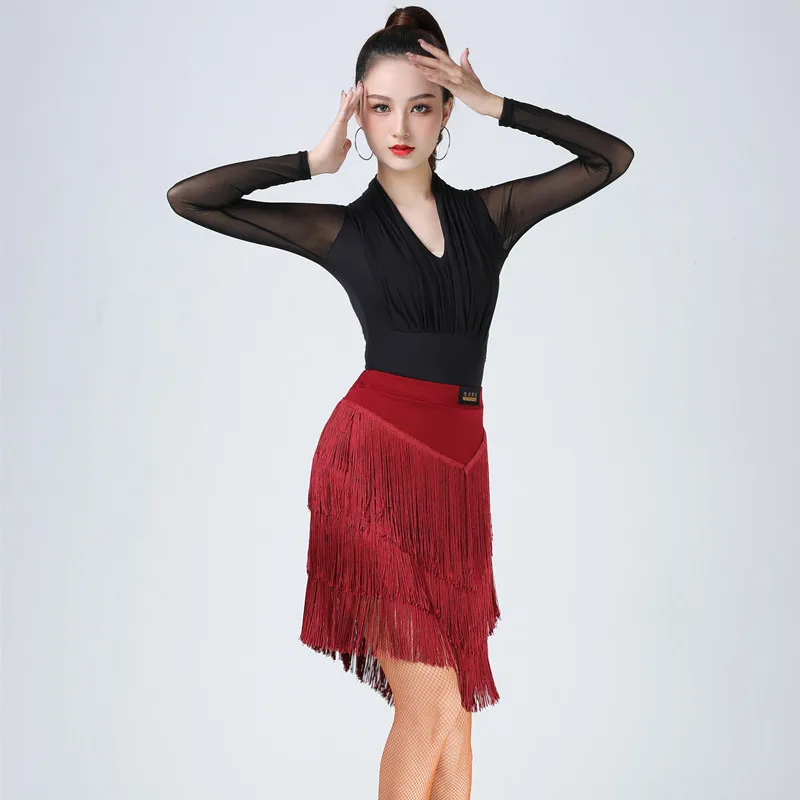 2023 New Women Dresses Big Black Tassel Dance Long Sleeve Skirt Latin Dancing Dress Latina Black Sexy Girls Adult Costume Rumba