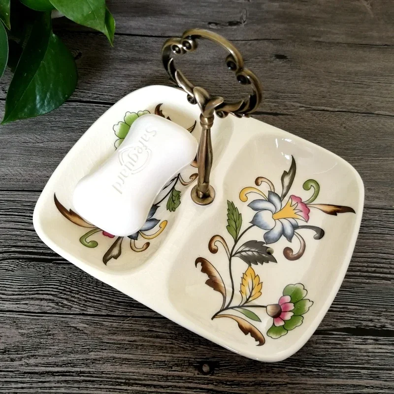 European Ceramic Soap Dish Colorful Painted Tray Crackled Glaze Design Dual-Slot Draining Soap Dish Bathroom Accessory