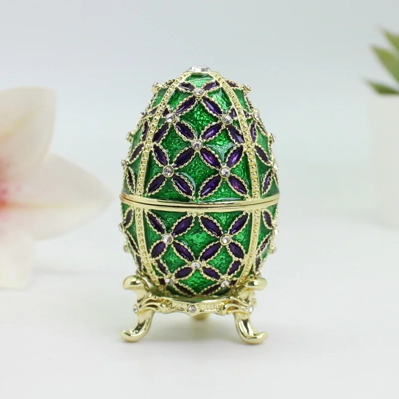 SHINNYGIFTS  Four-leaf Clover Pattern Style Faberge Egg Trinket  Jewelry Box Hand Painted Enamel Easter Egg Personalized Gift