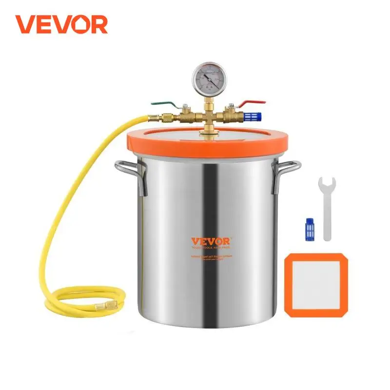 VEVOR 3/5 Gallon Upgraded Tempered Glass Lid Vacuum Degassing Chamber 304 Stainless Steel for Stabilizing Wood, Resin Degassing