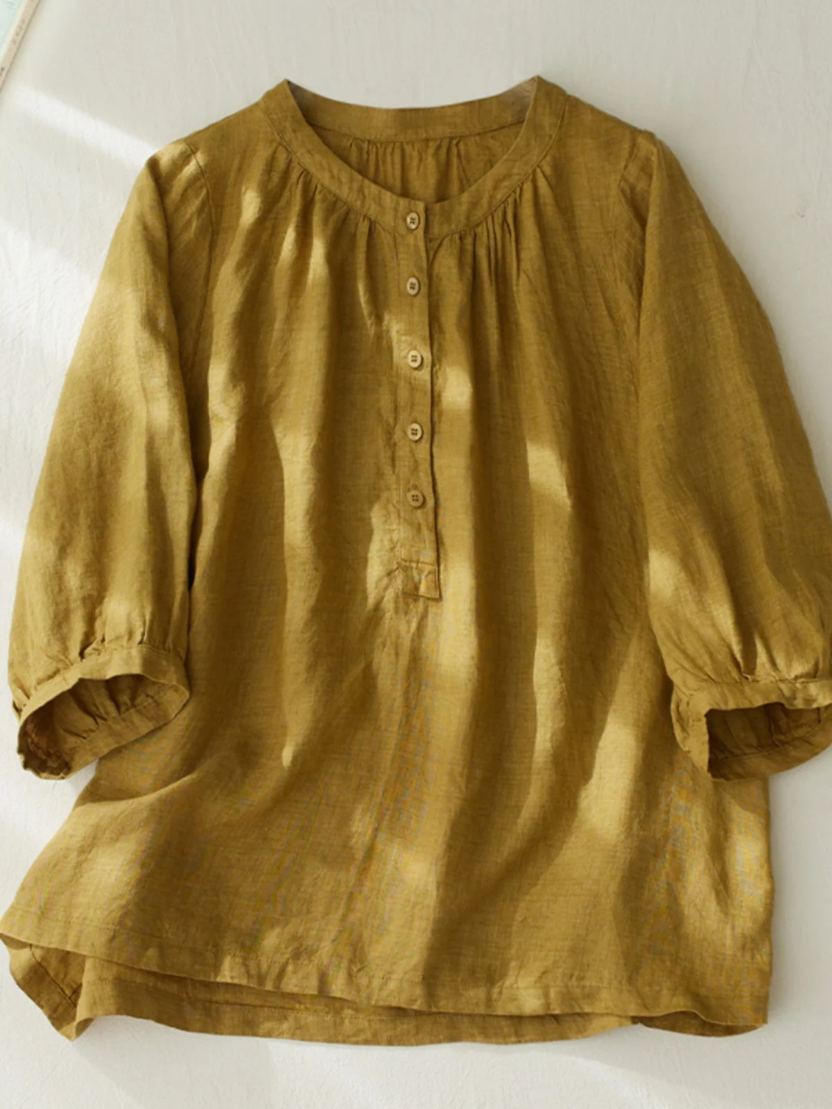 Algodón Lino Casual Suelto Fino ort Sve irt Mujer Versátil redondo Ne Botón hasta Vintage Sle Longitud de cinco cuartos