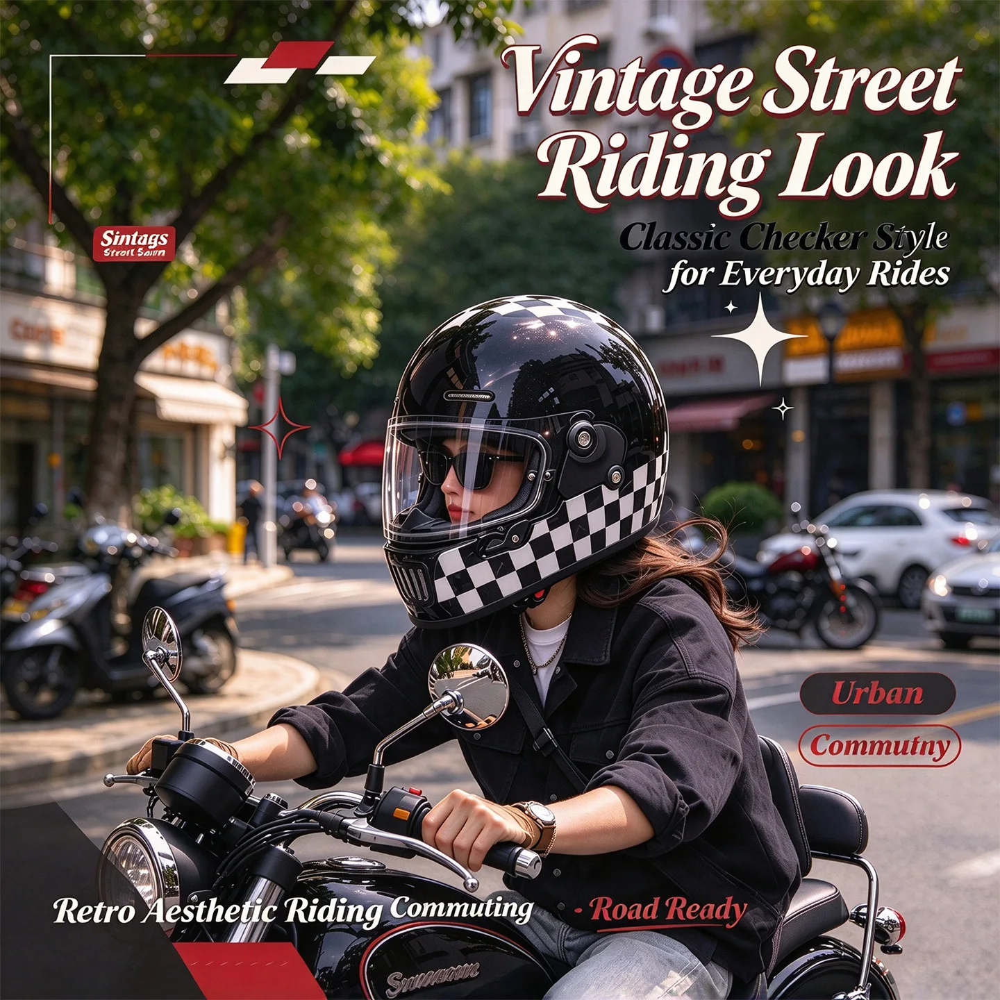 Retro Vintage Full Face Motorcycle Helmet Black White Checker Pattern Motorbike Helmet with Transparent Visor ABS Shell Adult Me